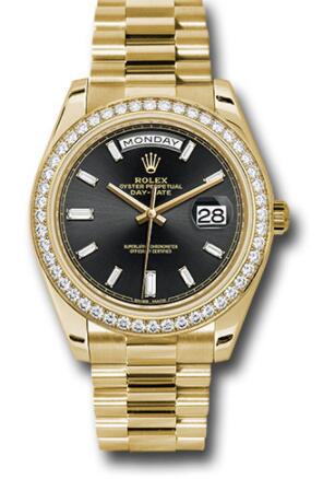 Replica Rolex Yellow Gold Day-Date 40 Watch 228348RBR Bezel Black Baguette Diamond Dial President Bracelet